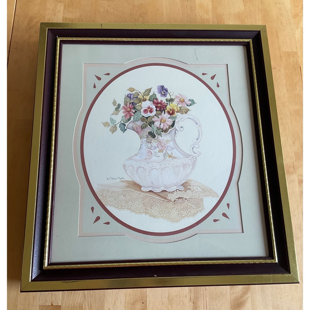 Patricia Maltbie Framed Floral Art Print Pansies in Pitcher Cottagecore 22x18